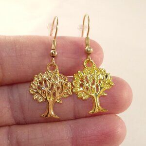 Gold Tree of Life Carved Dangle Earrings Hypoallergenic Gorgeous Party Gift